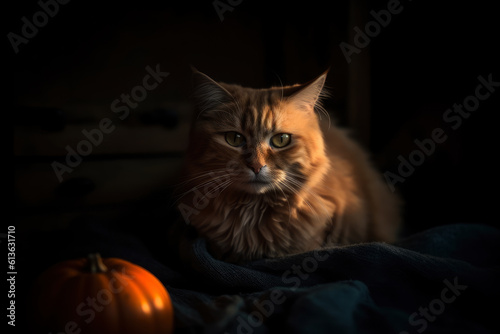 Halloween pumpkin jack o lantern and cat in a witch hat, AI Generated