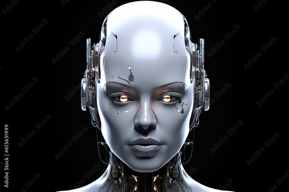 Futuristic woman android robot. Mechanical female portrait front view isolated on black flat background with copy space. Generative AI 3d render illustration imitation. Futuristic woman android robot. Mechanical female portrait front view isolated on black flat background with copy space. Generative AI 3d render illustration imitation.