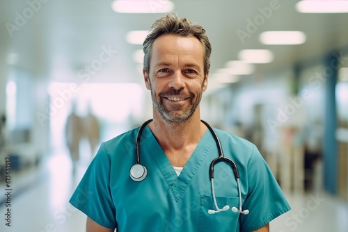 Portrait of smiling doctor with stethoscope in corridor at hospital photo