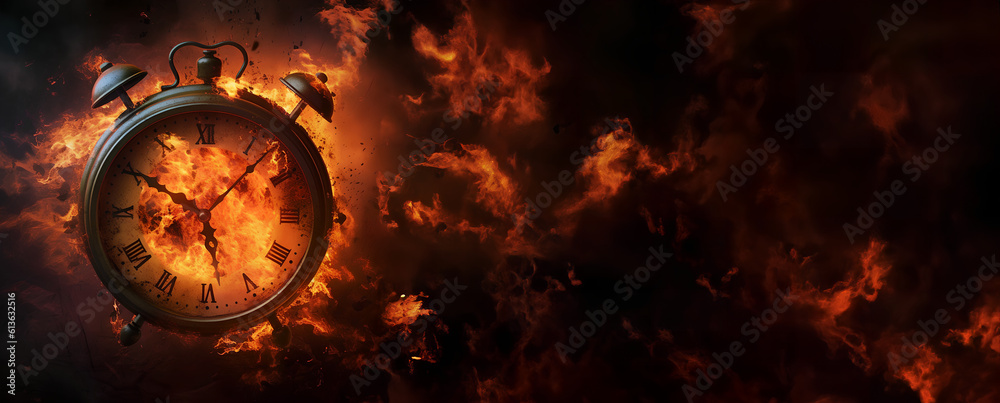 Concept of time. Clock on fire exploding. Watch on fire. Generative AI.