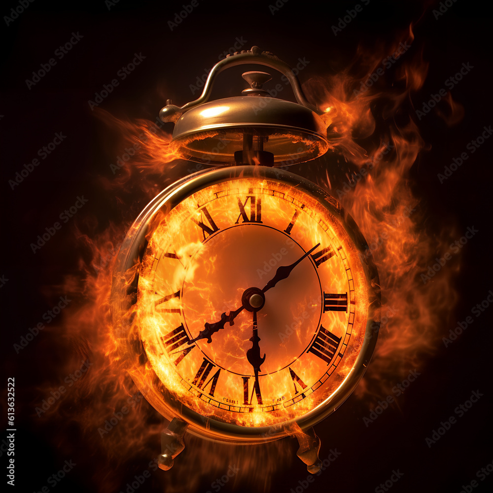 Concept of time. Clock on fire exploding. Watch on fire. Generative AI.