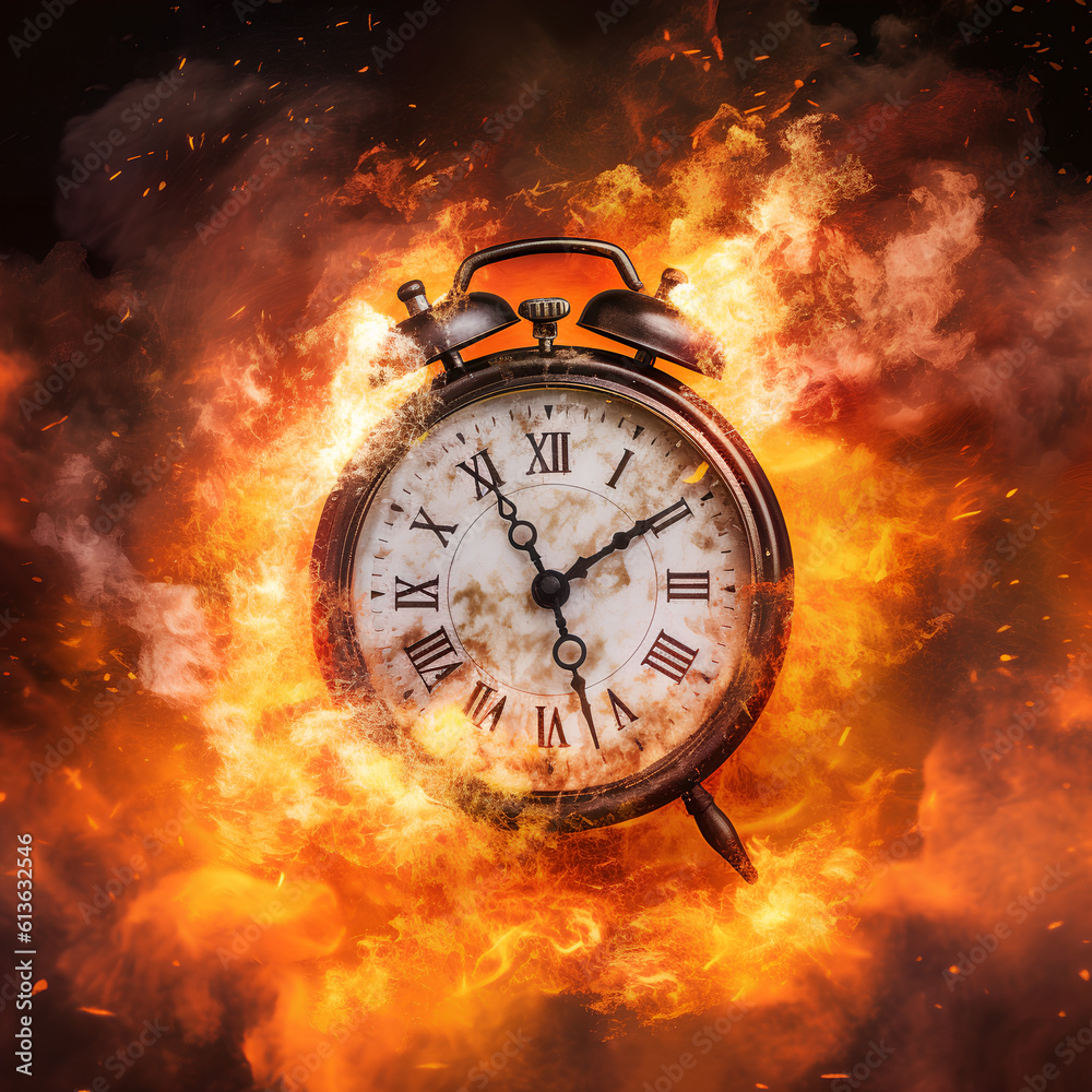 Concept of time. Clock on fire exploding. Watch on fire. Generative AI.