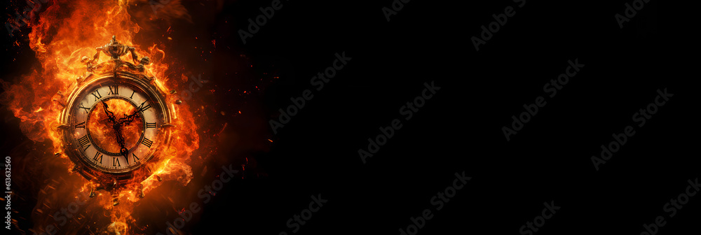 Concept of time. Clock on fire exploding. Watch on fire. Generative AI.
