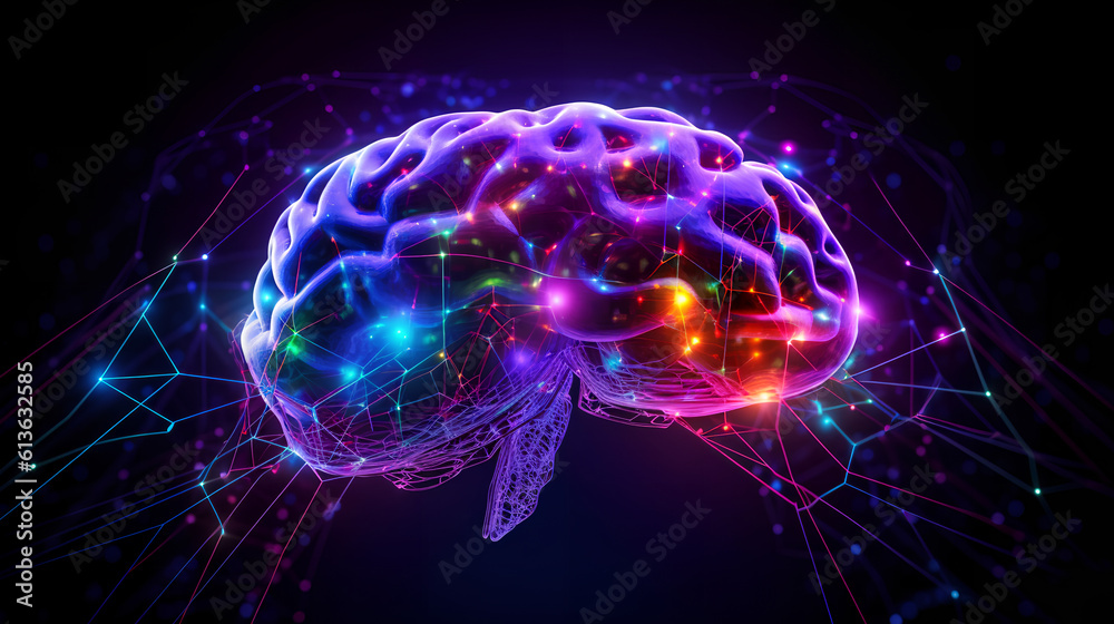 Brain combined or merging with technology, artificial intelligence concept, Colorful neon lights shaped like a brain. Generative AI.
