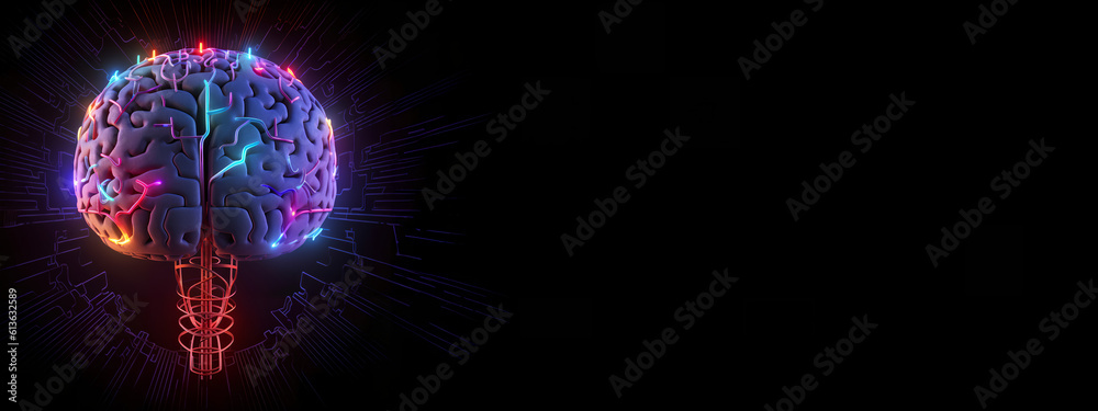 Brain combined or merging with technology, artificial intelligence concept, Colorful neon lights shaped like a brain. Generative AI.