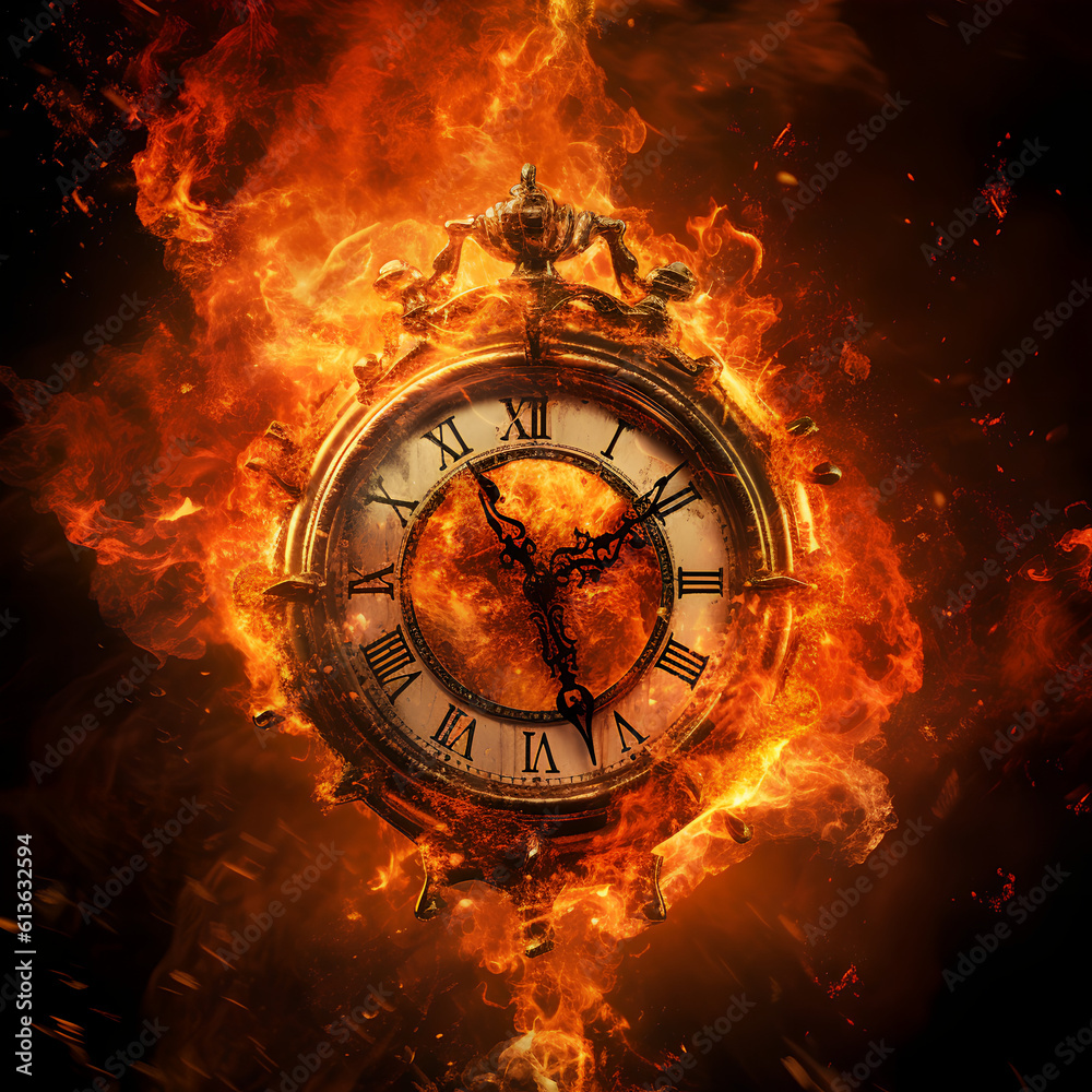 Concept of time. Clock on fire exploding. Watch on fire. Generative AI.