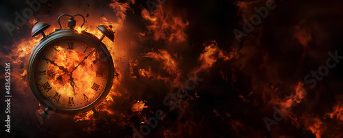 Concept of time. Clock on fire exploding. Watch on fire. Generative AI.