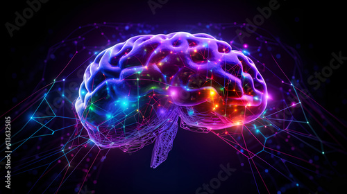 Obraz na płótnie Brain combined or merging with technology, artificial intelligence concept, Colorful neon lights shaped like a brain. Generative AI. w salonie