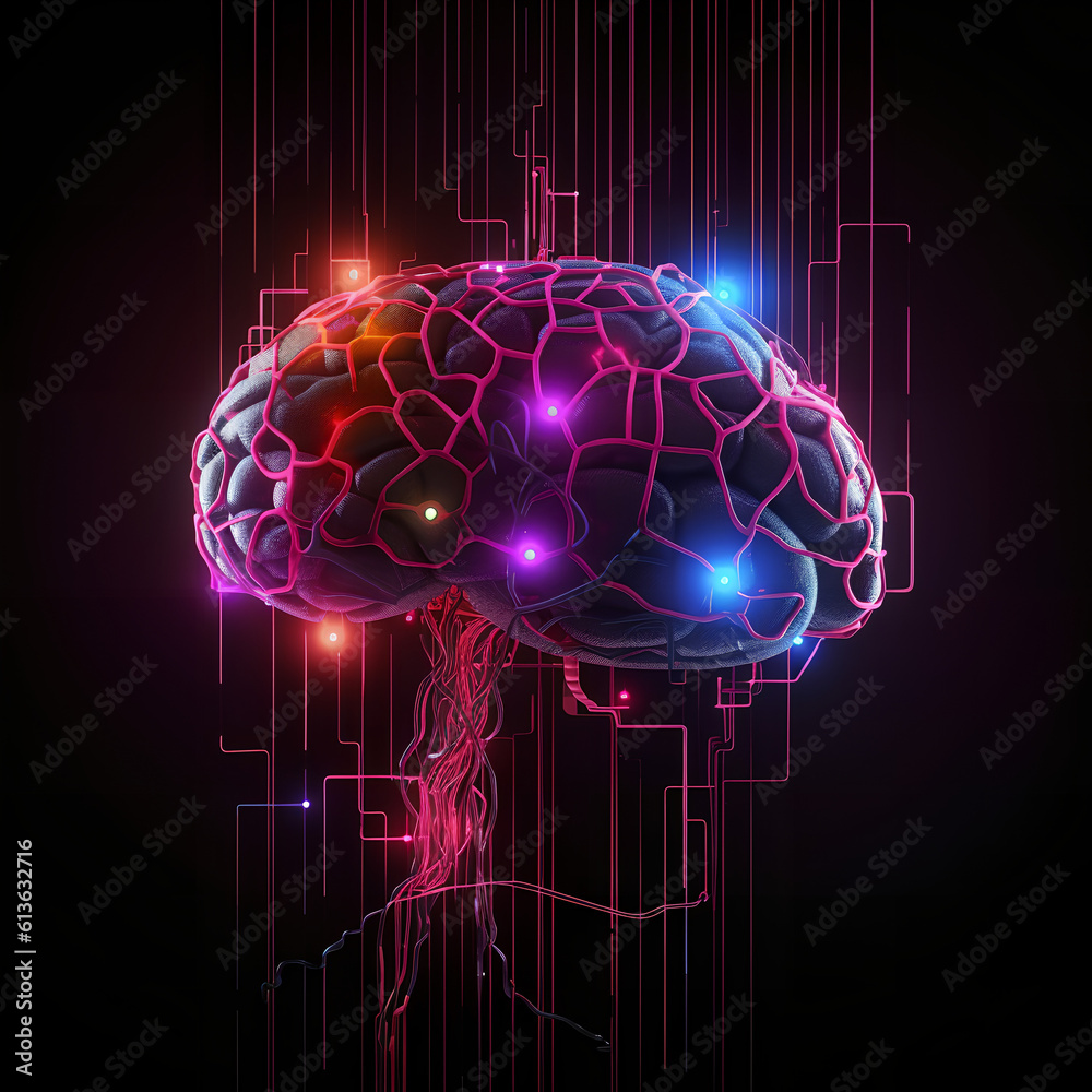 Brain combined or merging with technology, artificial intelligence concept, Colorful neon lights shaped like a brain. Generative AI.