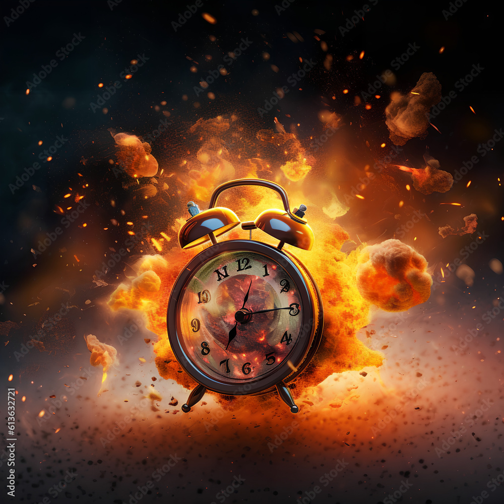 Concept of time. Clock on fire exploding. Watch on fire. Generative AI.