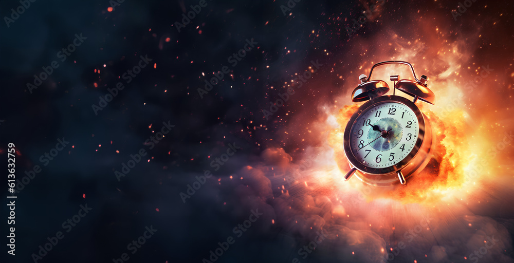 Concept of time. Clock on fire exploding. Watch on fire. Generative AI.