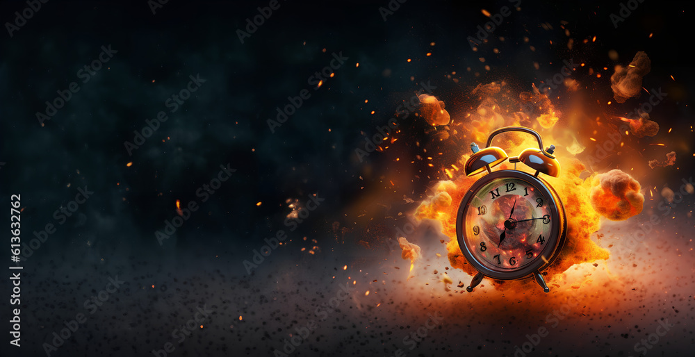 Concept of time. Clock on fire exploding. Watch on fire. Generative AI.