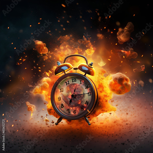 Concept of time. Clock on fire exploding. Watch on fire. Generative AI.