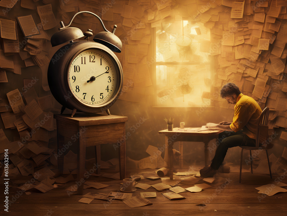 Concept of time. Time is up deadline. A man in a study table with papers scattered around the room with a giant alarm clock. Generative AI.