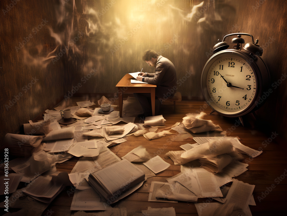 Concept of time. Time is up deadline. A man in a study table with papers scattered around the room with a giant alarm clock. Generative AI.