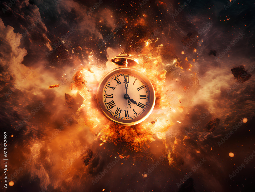 Concept of time. Clock on fire exploding. Watch on fire. AI Generated.