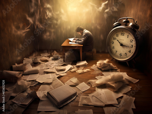 Obraz na płótnie Concept of time. Time is up deadline. A man in a study table with papers scattered around the room with a giant alarm clock. Generative AI. w salonie
