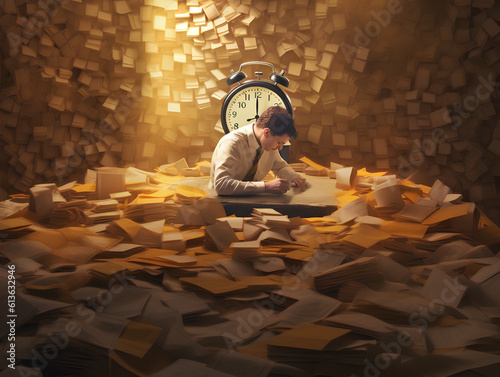 Obraz na płótnie Concept of time. Time is up deadline. A man buried in papers with a giant alarm clock inside a room. Generative AI. w salonie