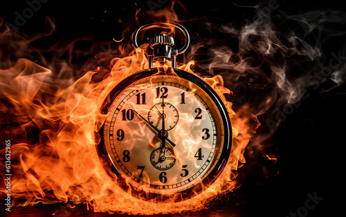 Concept of time. Clock on fire exploding. Watch on fire. Generative AI.