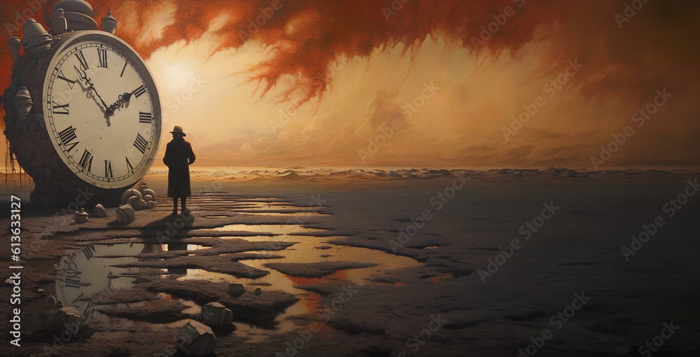 Concept of time. A giant alarm clock on a wasted landscape with a mysterious old man walking alone in the cloudy sunset. Negative space. AI Generated.