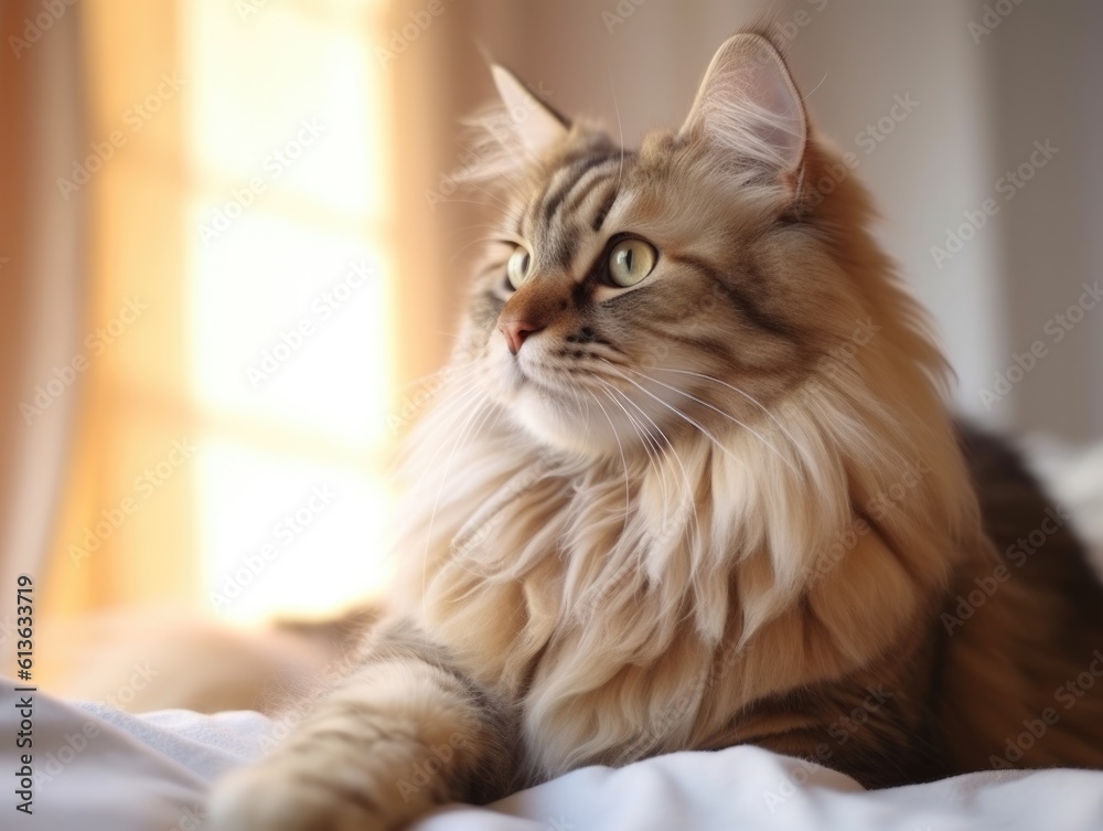 A big beautiful cat lies on the bed and looks at you. Happy fluffy pet. Siberian breed. Bright room, modern interior. Soft light