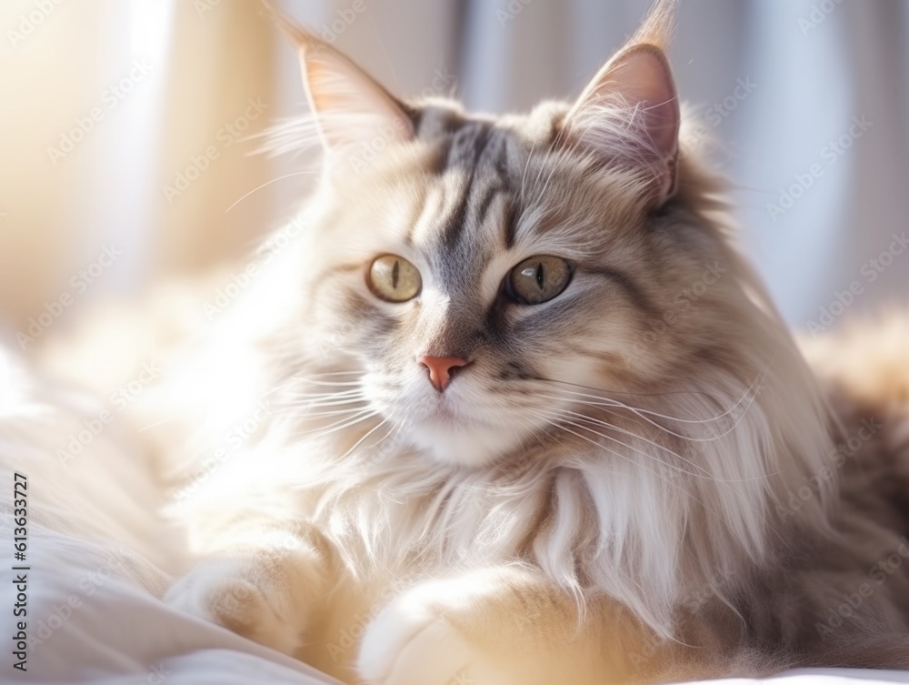 A big beautiful cat lies on the bed and looks at you. Happy fluffy pet. Siberian breed. Bright room, modern interior. Soft light