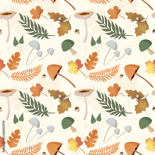 Autumn pattern with mushrooms, leaves. Fall background, vector seamless pattern.