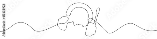 Headphone icon line continuous drawing vector. One line Headset icon vector background. Headphone and sound wave icon. Continuous outline of a Headphone with microphone icon.