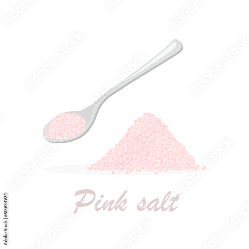 Metal silver spoon full of pink salt. Vector teaspoon isolated on white background. Heap of food seasoning.