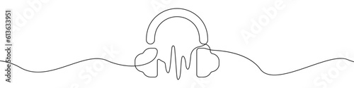 Headphone icon line continuous drawing vector. One line Headset icon vector background. Headphone and sound wave icon. Continuous outline of a Headphone with microphone icon.