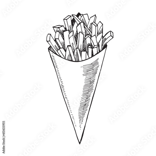 Paper bag with french fries. Sketch. Engraving style. Vector illustration.