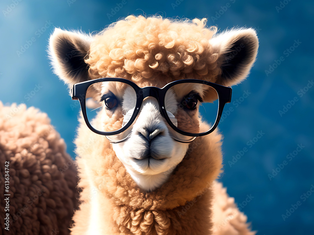 Cute little Alpaca with glasses in front of studio background. Generative AI.