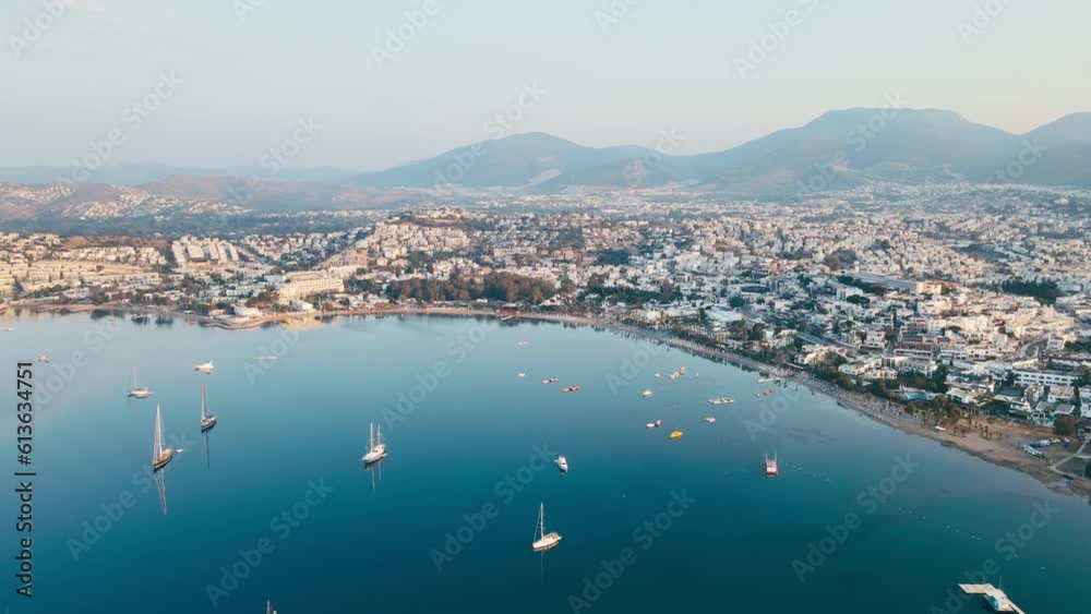Panoramic aerial view of Bodrum with resorts and hotels in Turkish Riviera