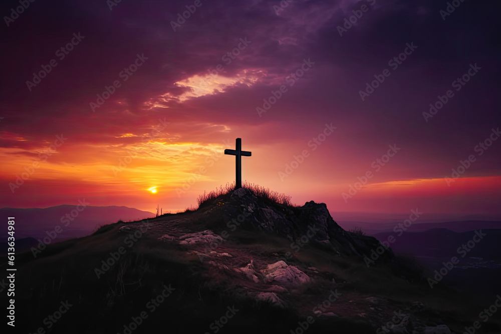 Crucifixion of Jesus Christ At Sunset in Mountain, genrative ai