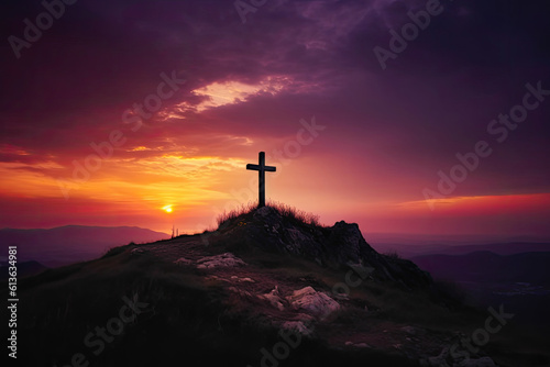 Crucifixion of Jesus Christ At Sunset in Mountain, genrative ai