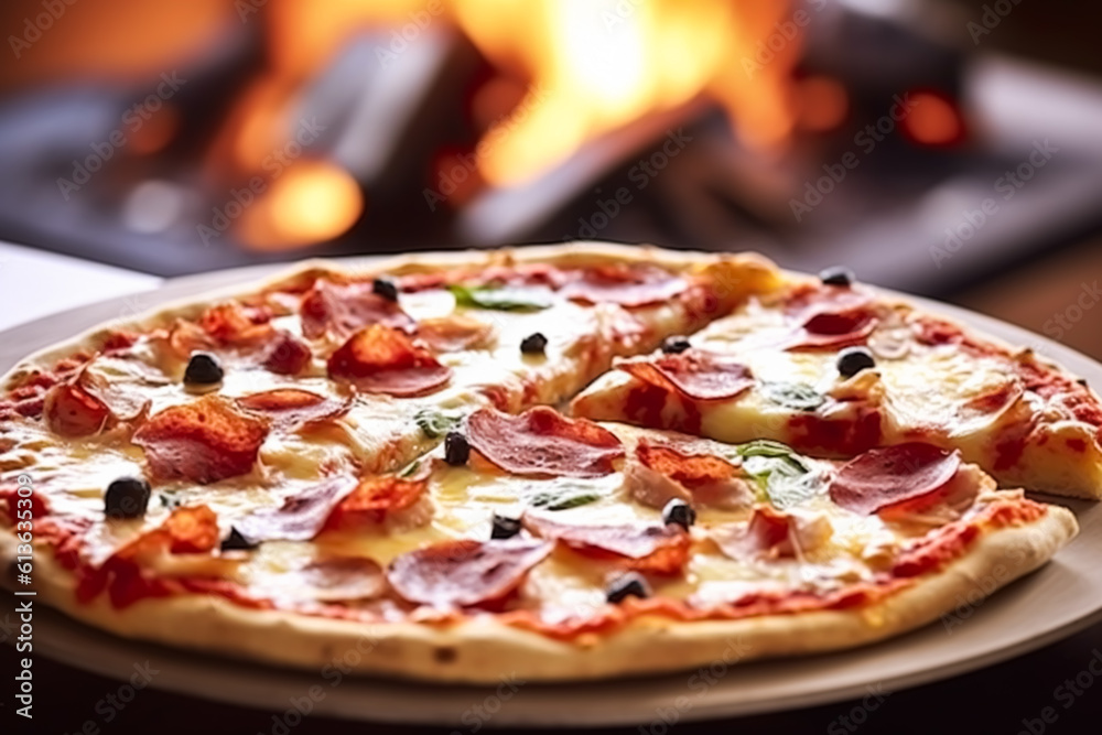 Pizza capricciosa homemade with fire in the oven, online delivery from pizzeria, take away and italian fast food, generative ai Pizza capricciosa homemade with fire in the oven, online delivery from pizzeria, take away and italian fast food, generative ai