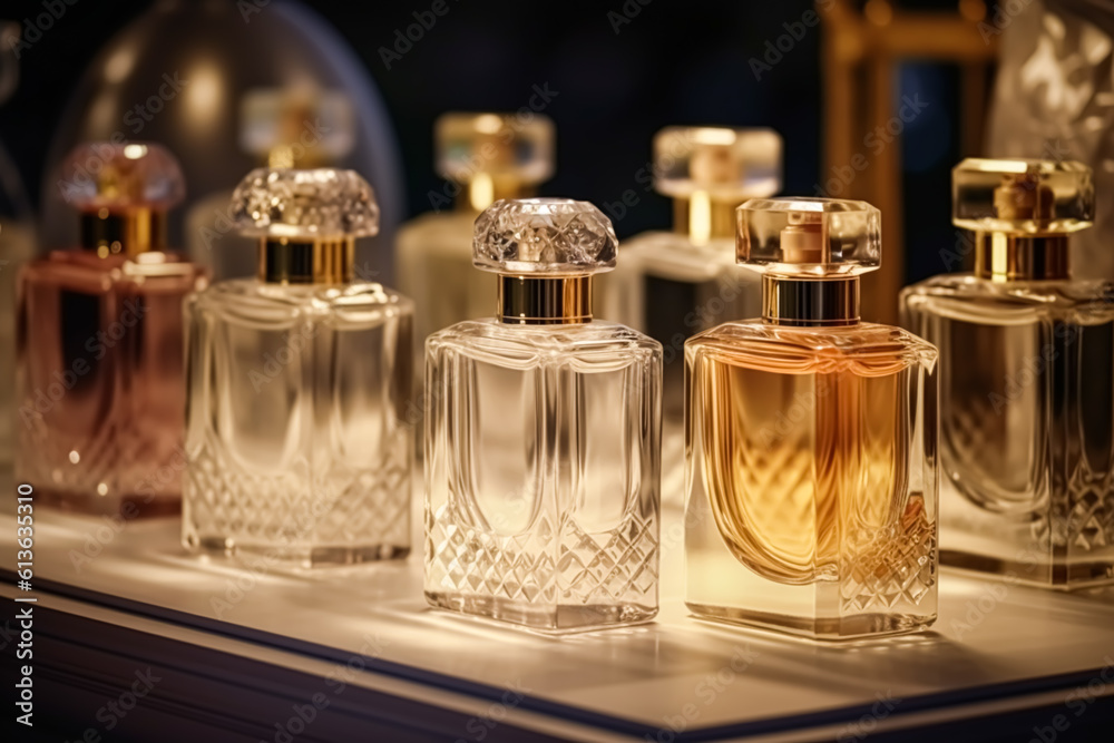 Luxury fragrance bottles at perfume scent at presentation event, bespoke perfumery and beauty product sale, generative ai Luxury fragrance bottles at perfume scent at presentation event, bespoke perfumery and beauty product sale, generative ai