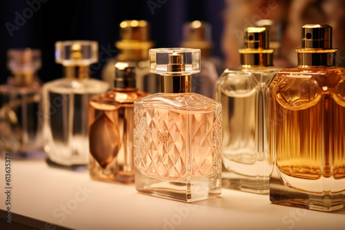 Luxury fragrance bottles at perfume scent at presentation event, bespoke perfumery and beauty product sale, generative ai