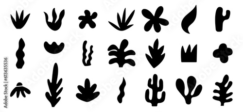 Set of abstract organic shapes inspired by matisse. Plants, cactus, leaf, algae, vase in paper cut collage style. Contemporary aesthetic vector element for logo, decoration, print, cover, wallpaper