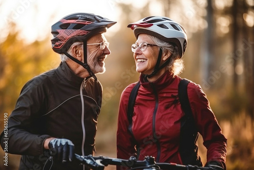 Adult couple of old people in a helmet ride bicycles together, an active lifestyle pensioners