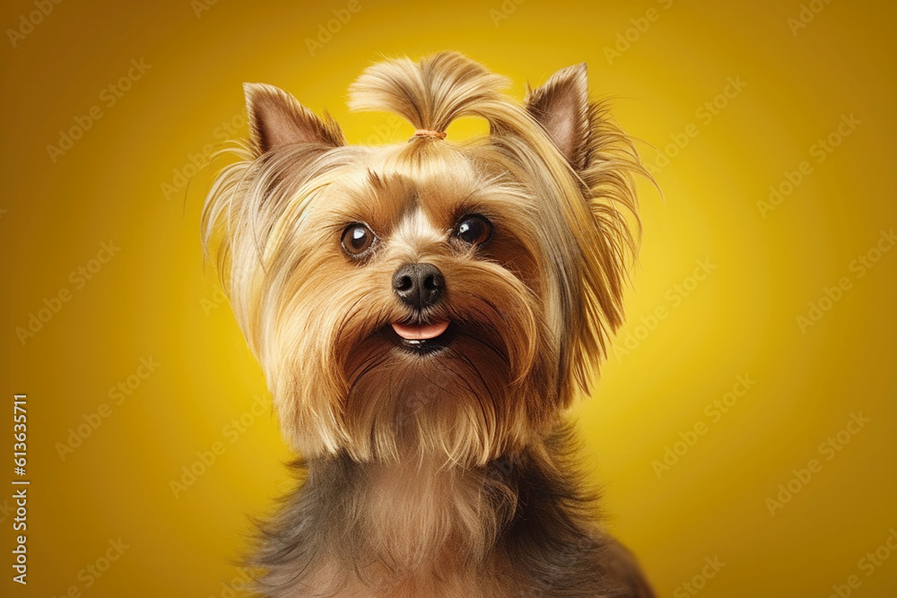 Portrait of a cute little yorkshire terrier on a yellow background