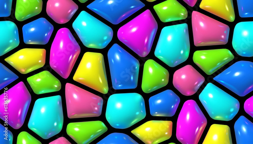 Seamless pattern with shiny 3D abstract vector shapes, resembling multicolored gemstones, Voronoi background