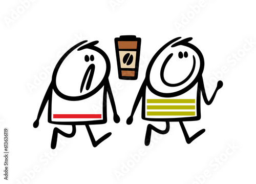 Conceptual illustration of stickman with energy after a hot cup of coffee. Vector image of a tired sad man.