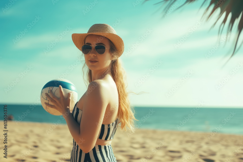 Girl on the beach in a swimsuit on a summer background, palm trees. A woman plays volleyball on the beach. generative ai Girl on the beach in a swimsuit on a summer background, palm trees. A woman plays volleyball on the beach. generative ai