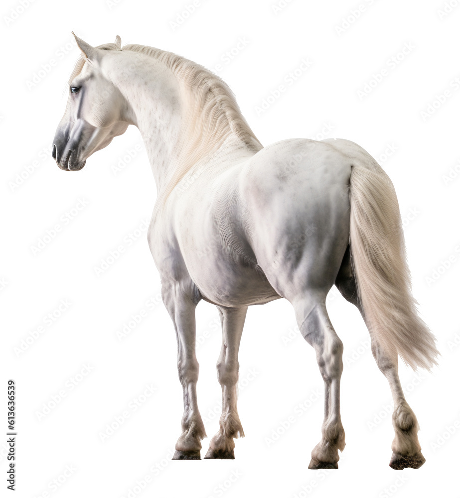 White horse, back side isolated on the transparent background PNG. AI generative.