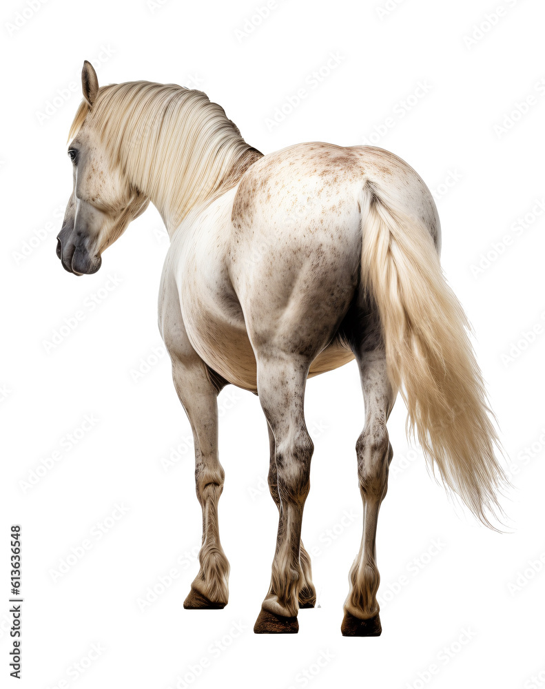 White horse, back side isolated on the transparent background PNG. AI generative.