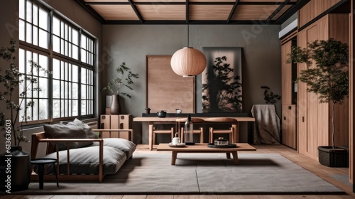Interior of living room with high ceilings, house in Japanese style, design project of apartment decor. generative ai.