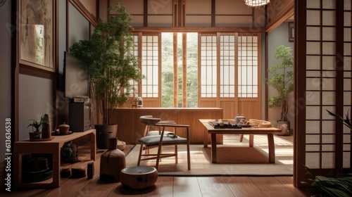 Interior of living room with high ceilings, house in Japanese style, design project of apartment decor. generative ai. © MoreThanProd