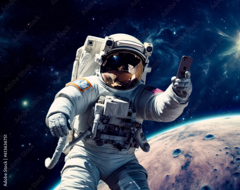 Astronaut using smartphone white floating in space.

