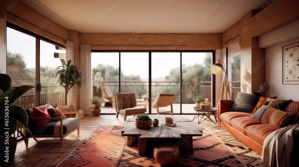 Fototapeta premium Living room interior with high ceilings, house in southwestern style, design project, apartment decor. generative ai.